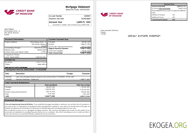 Relevé hypothécaire de la Banque de crédit de Moscou de Russie aux formats Word et PDF